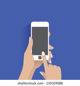 Hand holding black smartphone, touching blank screen. Using mobile smartphone.