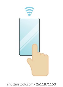 Hand holding black smartphone, touching blank white screen, free wifi