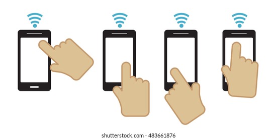 Hand holding black smartphone, touching blank white screen