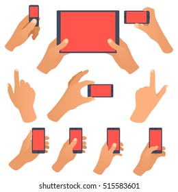 Hand holding black smartphone, touching blank white screen. Using mobile smart phone, flat design concept. Eps 10 vector illustration