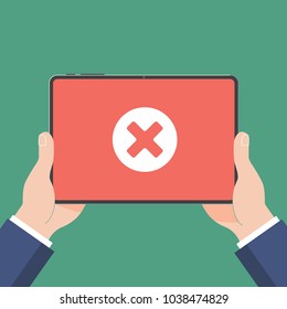Hand holding black tablet computer PC device isolated on red background. Pad computer on human's hands with check mark cross x NO in the circle with touch screen flat design vector illustration