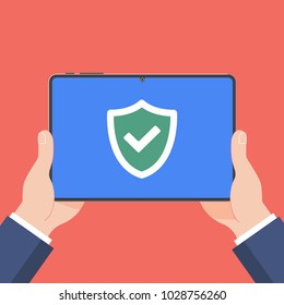 Hand holding black tablet device isolated on red background. Pad tablet on human's hand with check mark tick in the shield flat design vector illustration