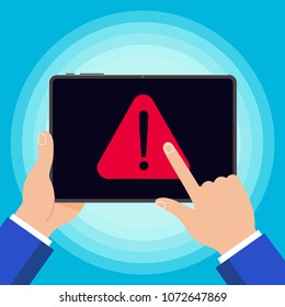 Hand holding black tablet device with warning notice symbol icon sign  isolated on background. Pad in human hand and pointer finger touch the screenvector illustration flat design style. Attention! 