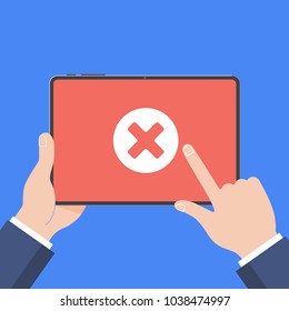 Hand holding black tablet PC device isolated on red background. Pad computer on human's hands with check mark cross x NO in the circle and index finger pointed touch flat design vector illustration