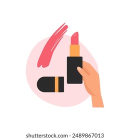 Hand holding black tube with red lipstick stick to make smear example for makeup vector illustration