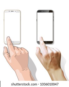 Hand holding the black and white smartphone. Flat style and Realistic style. Vector Illustration.