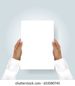 Hand holding blank a4 flyer invitation mock-up. Vector illustration 