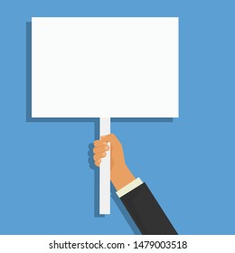 Hand Holding Blank Banner Mock Up On Wood Stick Isolated. Empty Board Plank Holder In Hands. Holding Sign Up. Clear Signal Stick. Man Person With Placard Signal. Protesters People On Picket Strike