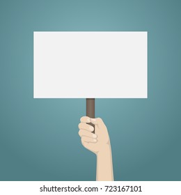 Hand Holding Blank Banner Mock Up On Wood Stick.Vector Illustration Empty White Board Plank Holder In Hands.