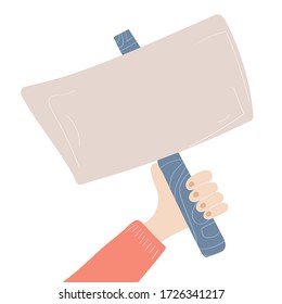 Hand holding blank broadsheet. Empty space for text. Poster empty, protest announcement board. Vector illustration. 