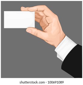 Hand holding blank business card with copy-space on gray background. vector illustration