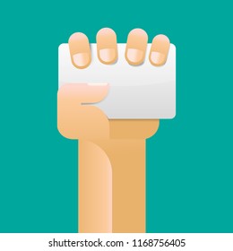 Hand holding blank business card vector illustration.