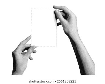 Hand holding blank card. Retro, vintage grayscale design with halftone and dotted texture, symbolizing greeting cards, vouchers, or tickets. Vector illustration isolated on white
