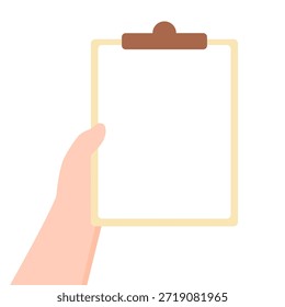 Hand, die eine leere Zwischenablage hält. Bewertung, Überprüfung, Feedback, Bewertungskonzept. Flaches Vektordesign, einzelne Illustration.