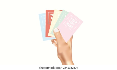 Hand holding blank colorful business cards with -space. Hand holding collection of colorful card and showing pack of card. Vector.