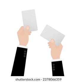 Hand Holding Blank Credit Card or Business Card. Hand Showing Empty Card. Vector Illustration Isolated on White Background. 