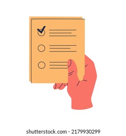 Hand holding a blank with to do list or checklist. Hand drawn color vector illustration isolated on white background. Modern flat cartoon style.