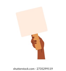Mão segurando tabuleiro vazio vazio. Manifestante negra com cartaz quadrado no bastão. Placa de sinalização limpa, papel no poste, greve e protesto. Ilustração vetorial plana isolada no fundo branco