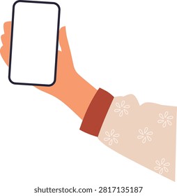 Hand holding blank mobile flat vector illustration
