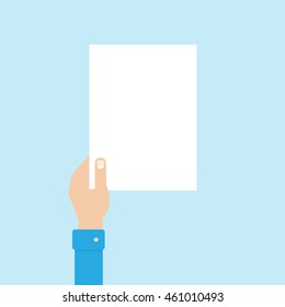 Mano sosteniendo una página en blanco. Ilustración vectorial de estilo plano.
