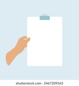 Hand holding blank paper, arm presenting clean card background. Vector illustration