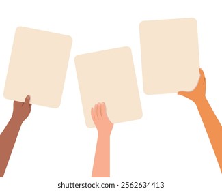 Hand holding a blank paper, poster for communication with white background, illustration of communication banner. 