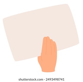 Hand holding blank paper, presenting empty card. Clean background, space for announcement, advertising. Showing clear horizontal placard, banner. Flat vector illustration isolated on white background