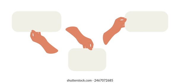 Hand holding blank paper. Set illustrations arm presenting clean card background. Space for advertisement on placard, horizontal board, advertising banner. Flat vector. Vector illustration