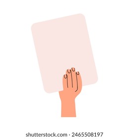 Hand holding blank paper sheet. Showing, presenting clean clear space on ad placard, card, poster background for announcement, information. Flat vector illustration isolated on white background