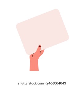 Hand holding blank paper sheet, advertising card background. Arm showing board, clear clean space for ad, announcement, information, promotion. Flat vector illustration isolated on white background