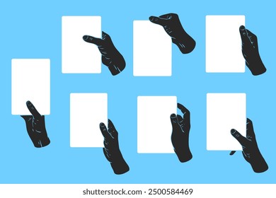 Mano que sostiene la hoja de papel en blanco. Conjunto de siluetas dibujadas a mano brazos humanos. Ilustración vectorial plana.