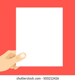 Hand holding blank paper. White sheet. Modern vector illustration