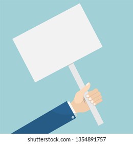 Hand holding blank placard. Empty space for text. Poster empty, protest announcement board. Vector illustration