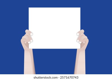 Hand holding blank placard. Placard with place for text. Hand with clean, white placard, clean paper