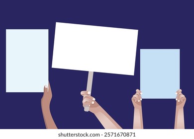 Hand holding blank placard. Placard with place for text. Hand with clean, white placard, clean paper