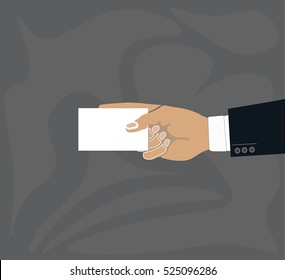 Hand holding blank plain white business card design mockup. 