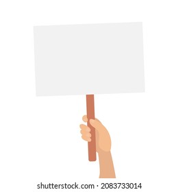 Hand holding blank plate poster placard. Frame for your message advertisement. Vector cartoon flat illustration