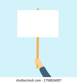 Hand holding blank poster, banner, manifestation sign placard vector. Blank vote placard or peace protest poster flat cartoon design