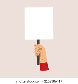 Hand holding blank protest banner on wooden stick. Street demonstration, manifest, political action. Hand drawn vector illustration isolated on light background. Modern flat cartoon style.