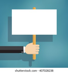 Hand holding blank protest boards in flat style.