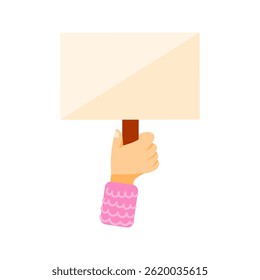 Hand holding blank protest sign with wooden stick