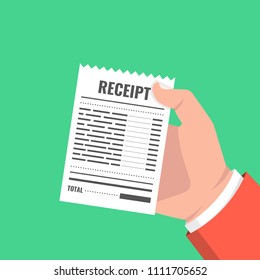 Hand holding blank receipt. Bill atm template or restaurant paper financial check. Vector illustration.