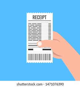 Hand holding blank receipt. Bill atm template or restaurant paper financial check. Vector illustration.