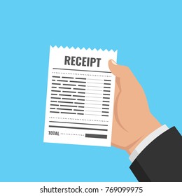 Hand holding blank receipt. Bill atm template or restaurant paper financial check. Vector illustration.