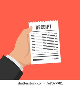 Hand holding blank receipt. Bill atm template or restaurant paper financial check. Vector illustration.