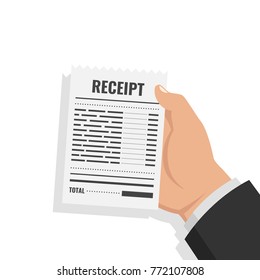 Hand holding blank receipt. Bill atm template or restaurant paper financial check. Vector illustration.