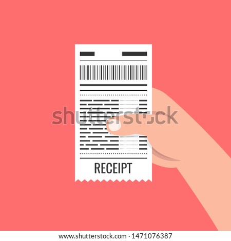Hand holding blank receipt. Bill atm template or restaurant paper financial check. Vector illustration.