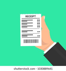 Hand holding blank receipt. Vector illustration.