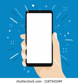 Hand holding blank screen smart phone flat design on blue background.