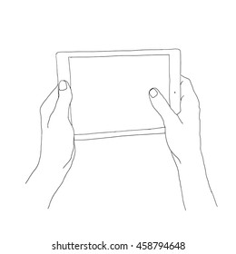 Hand holding blank screen of tablet computer. Using digital tablet pc similar to ipad.